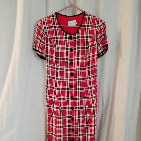 Red Black White PLAID Midi DRESS MISTY LANE Union - Picture 1 of 8